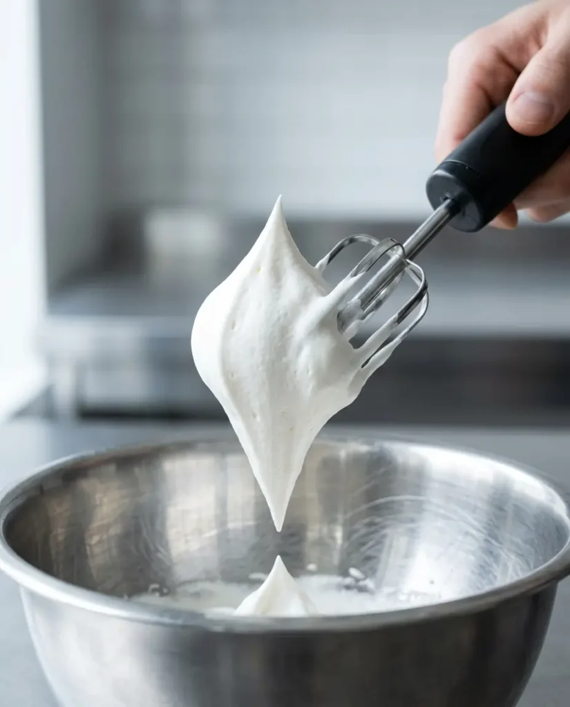 The Best Blue Raspberry Ice Cream Recipe (No Machine Needed) 3 Electric beater lifted from a mixing bowl showing whipped cream beaten to stiff peaks for no-churn blue raspberry ice cream