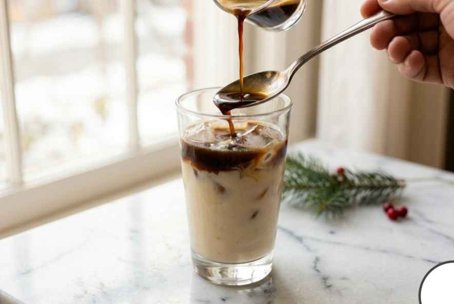 layered espresso pour assembling homemade iced sugar cookie latte in clear glass