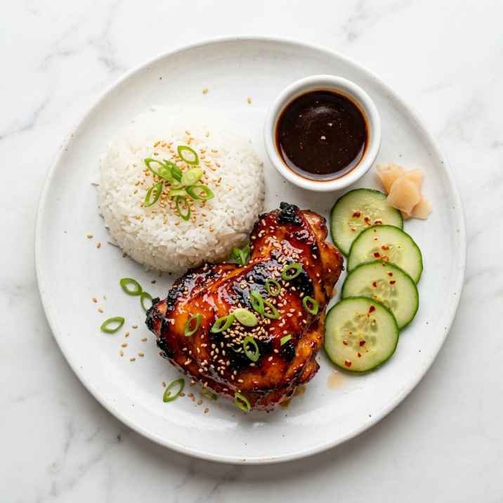 Lee Kum Kee char siu chicken thigh with caramelized sticky glaze, plated with jasmine rice, cucumber salad, scallions and sesame seeds on a white ceramic plate