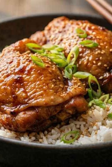 Lee Kum Kee char siu chicken thighs with sticky caramelized glaze in a dark ceramic bowl over jasmine rice with scallions and sesame seeds
