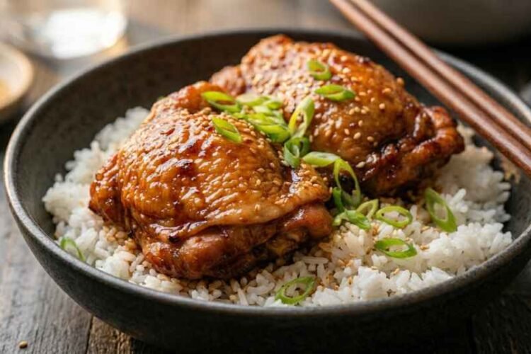 Lee Kum Kee char siu chicken thighs with sticky caramelized glaze in a dark ceramic bowl over jasmine rice with scallions and sesame seeds