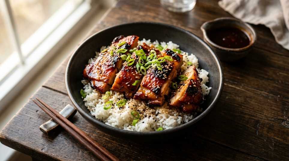 Lee Kum Kee char siu chicken thighs with sticky caramelized glaze served over steamed jasmine rice