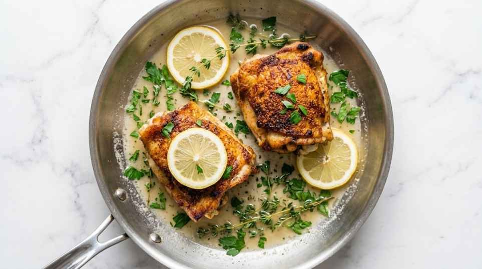 Pan Seared Chicken Thighs (Crispy Skin, Juicy Inside, One Skillet) 9 Lemon herb pan seared chicken thighs in a skillet with white wine pan sauce, lemon rounds, and fresh thyme