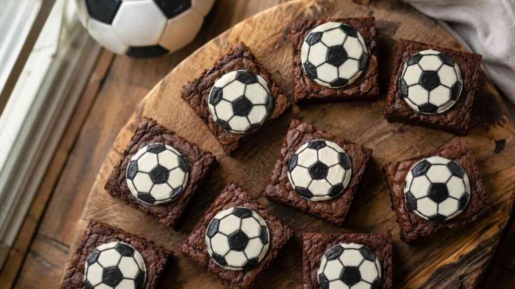 Little Debbie soccer-themed brownies recipe with white vanilla icing and black soccer ball decoration on a rustic wooden board
