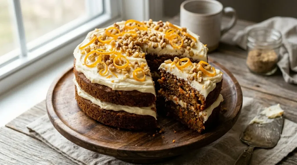 Lloyd Carrot Cake Recipe: Moist, Bakery-Style & Perfect Every Time 2 Lloyd carrot cake recipe with cream cheese frosting, sliced to show moist crumb, topped with toasted walnuts on a rustic wooden cake stand