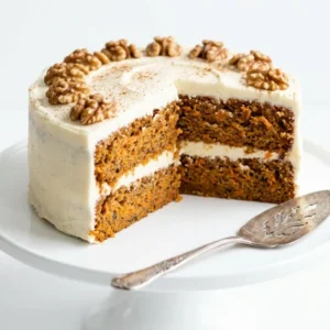 Lloyd Carrot Cake Recipe: Moist, Bakery-Style & Perfect Every Time 6 Lloyd carrot cake recipe showing a moist two-layer homemade carrot cake sliced open with thick cream cheese frosting and toasted walnuts on a white cake stand