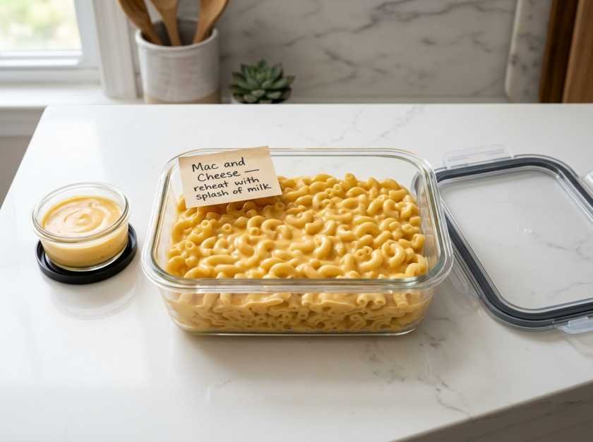 Homemade mac and cheese stored in a glass meal prep 
container for make-ahead preparation with cheese sauce 
stored separately