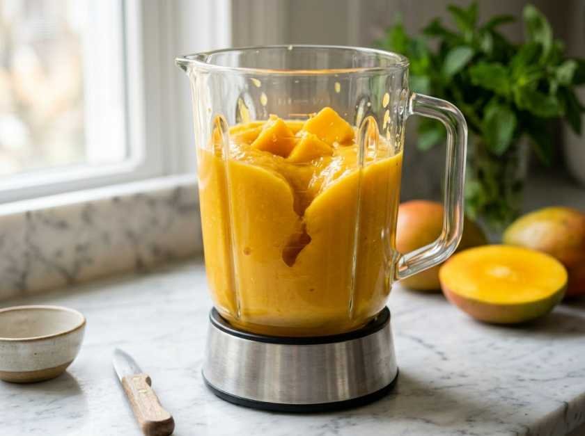 Panera Charged Lemonade Recipe: How I Finally Made a Safer, Better Version at Home 11 Fresh mango chunks blending into smooth puree for a mango yuzu citrus homemade charged lemonade recipe