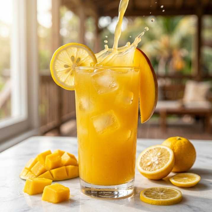 Panera Charged Lemonade Recipe: How I Finally Made a Safer, Better Version at Home 15 Mango yuzu citrus homemade charged lemonade variation in a tall glass with ice and fresh mango slice garnish