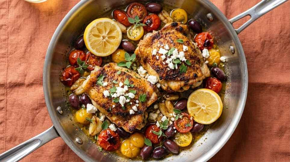 Pan Seared Chicken Thighs (Crispy Skin, Juicy Inside, One Skillet) 12 Mediterranean pan seared chicken thighs with cherry tomatoes, kalamata olives, and feta cheese in a skillet