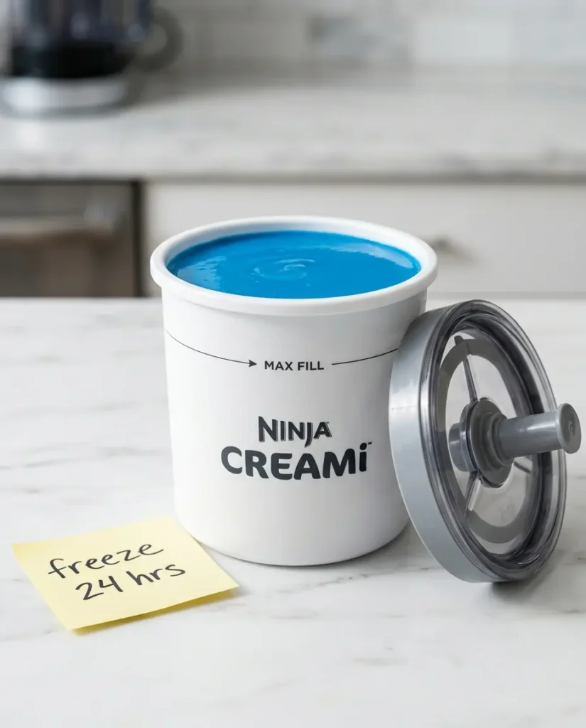 The Best Blue Raspberry Ice Cream Recipe (No Machine Needed) 11 Ninja Creami pint container filled with vivid blue raspberry ice cream base ready to freeze for 24 hours before processing