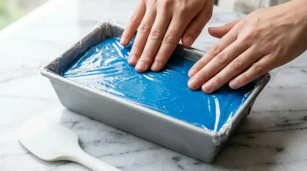 The Best Blue Raspberry Ice Cream Recipe (No Machine Needed) 9 A loaf pan filled with smooth vivid blue no-churn blue raspberry ice cream mixture ready to go into the freezer