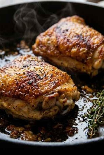 Pan seared chicken thighs in a cast-iron skillet with crispy golden brown skin, fresh thyme, and smashed garlic cloves