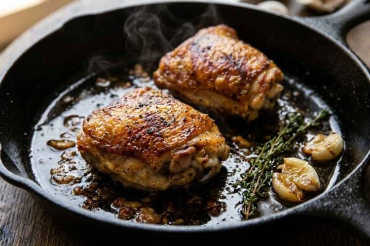Pan seared chicken thighs in a cast-iron skillet with crispy golden brown skin, fresh thyme, and smashed garlic cloves