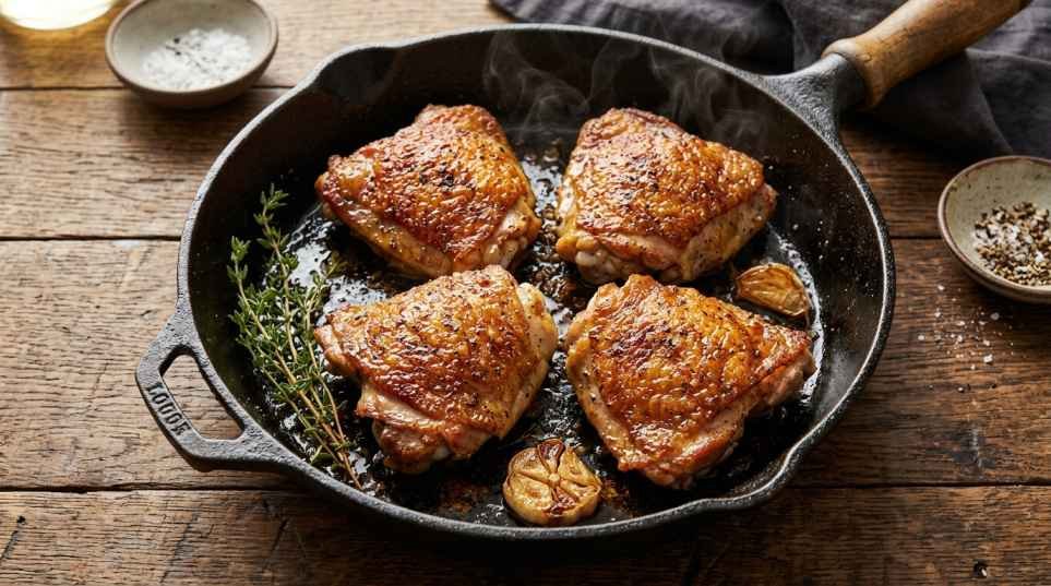 Pan Seared Chicken Thighs (Crispy Skin, Juicy Inside, One Skillet) 2 Crispy pan seared chicken thighs in a cast iron skillet with golden brown skin