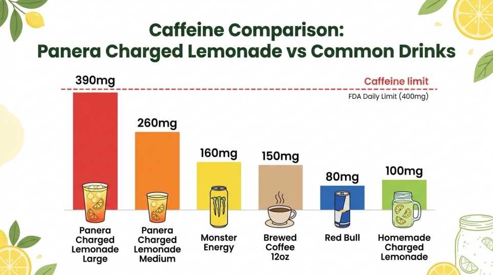 Panera Charged Lemonade Recipe: How I Finally Made a Safer, Better Version at Home 5 Caffeine comparison chart showing Panera Charged Lemonade at 390mg versus homemade charged lemonade at 100mg and other common energy drinks