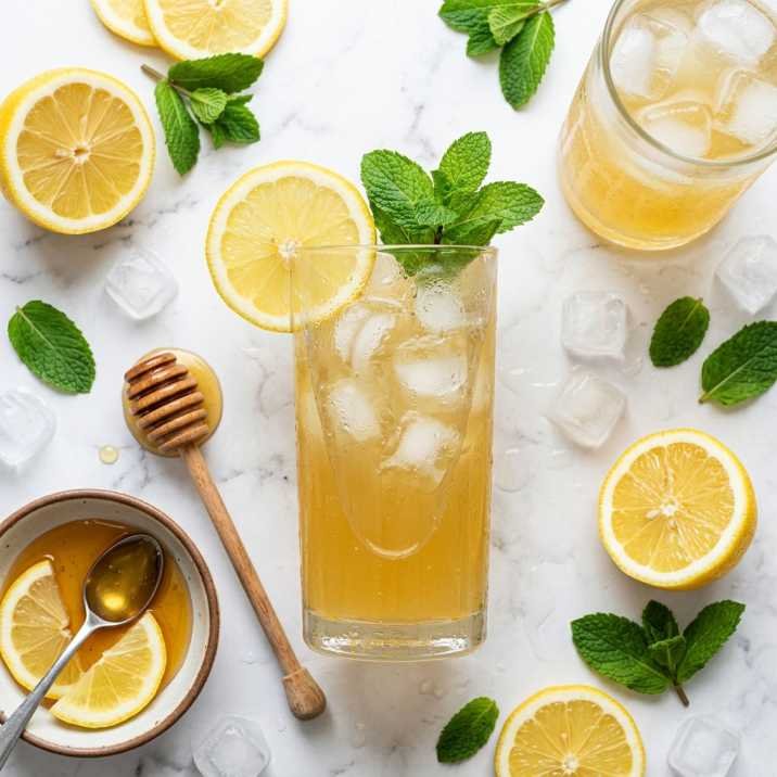 Panera Charged Lemonade Recipe: How I Finally Made a Safer, Better Version at Home 8 Overhead view of a homemade Panera charged lemonade recipe in a tall glass with ice, fresh lemon wheel, mint sprig, and condensation on white marble.