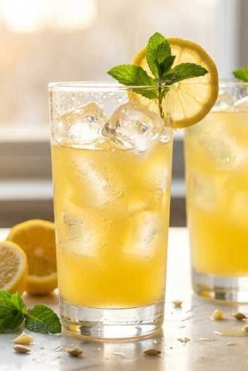 Two tall glasses of homemade Panera charged lemonade recipe with ice, fresh lemon wheels, and mint sprigs on a white marble surface.