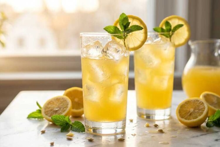 Two tall glasses of homemade Panera charged lemonade recipe with ice, fresh lemon wheels, and mint sprigs on a white marble surface.