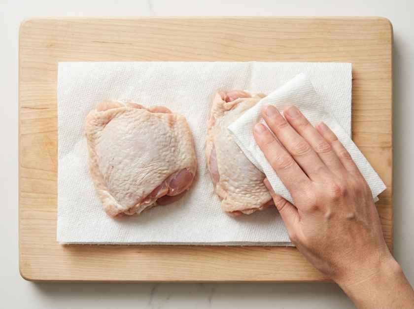 Pan Seared Chicken Thighs (Crispy Skin, Juicy Inside, One Skillet) 5 Patting raw chicken thighs dry with paper towels before pan searing