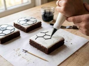 Decorating soccer-themed brownies with black gel icing piped in a soccer ball pattern on white vanilla icing