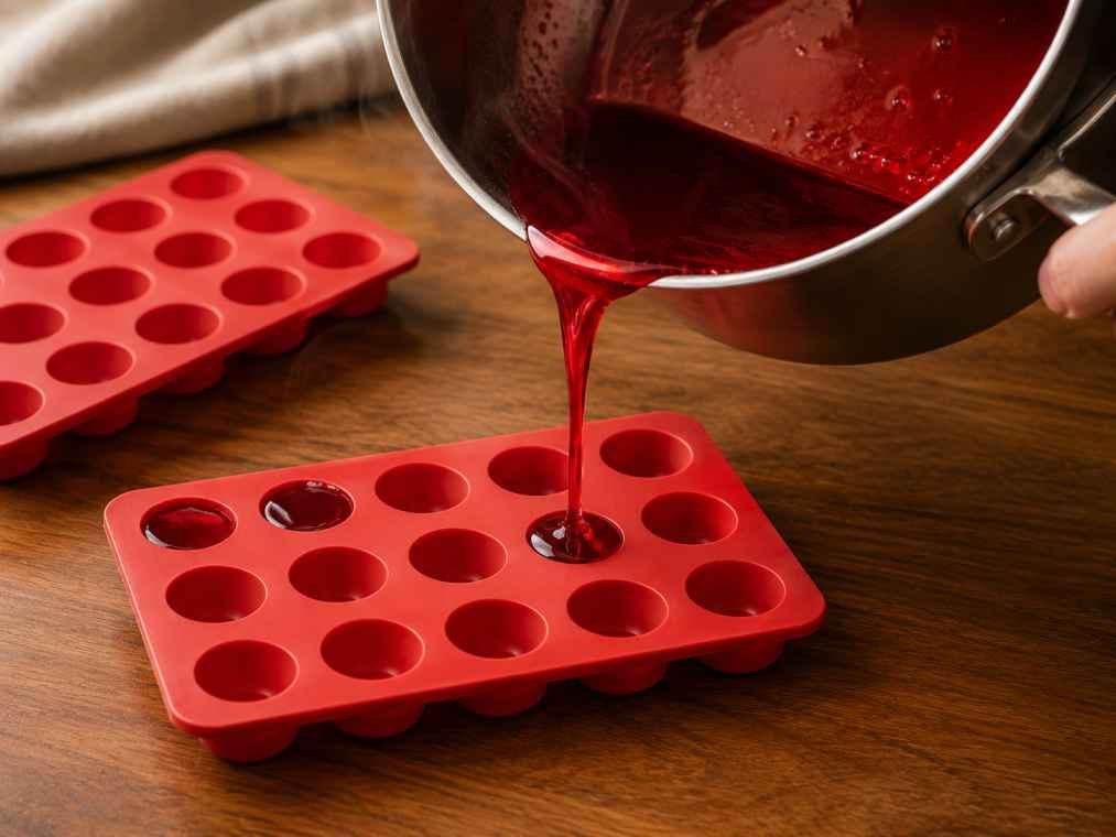 pouring infused hard candy mixture into silicone moulds."