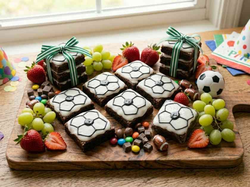Soccer party dessert table with decorated soccer brownies arranged on a wooden board with fresh fruit and team colors

