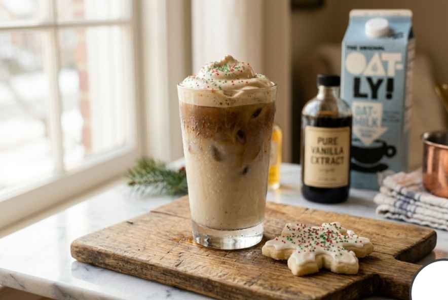 homemade Starbucks sugar cookie latte copycat recipe in clear glass with sugar cookie on wooden board
