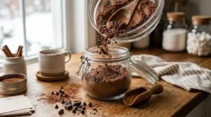 Homemade Hot Chocolate Powder (Better Than Store-Bought) 12 Storing homemade hot chocolate powder in an airtight glass jar on a wooden counter