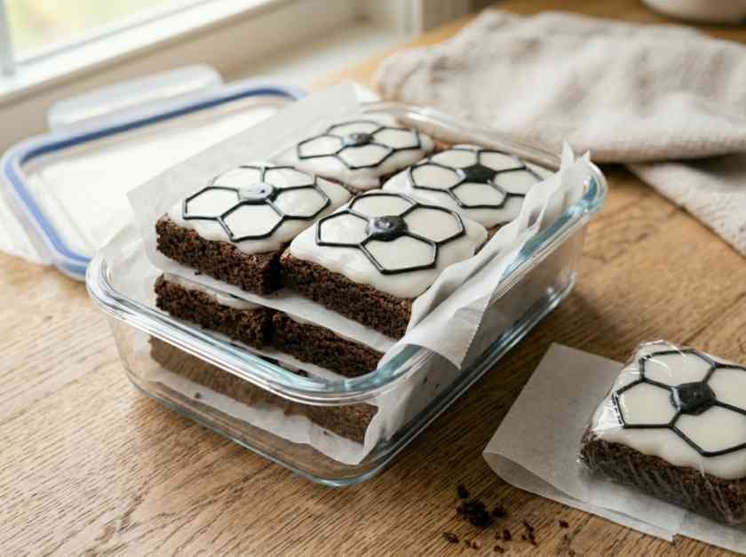 Homemade soccer brownies stored in an airtight container layered with parchment paper to keep them fresh
