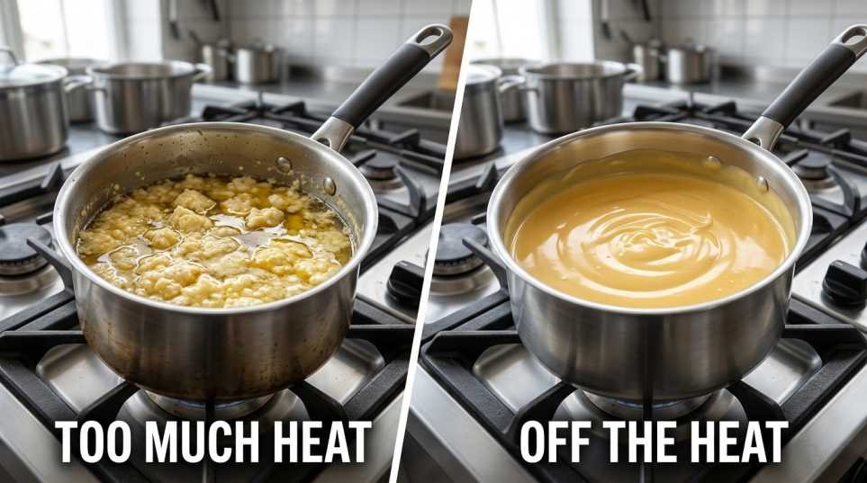 Smooth creamy cheese sauce being stirred in a saucepan for stovetop mac and cheese
