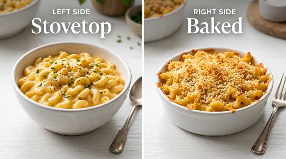 Stovetop mac and cheese vs baked mac and cheese side by 
side-by-side comparison showing creamy sauce texture versus golden breadcrumb crust
