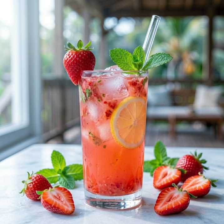 Panera Charged Lemonade Recipe: How I Finally Made a Safer, Better Version at Home 14 Strawberry lemon mint charged lemonade variation in a tall glass with fresh strawberry garnish and mint sprigs over ice