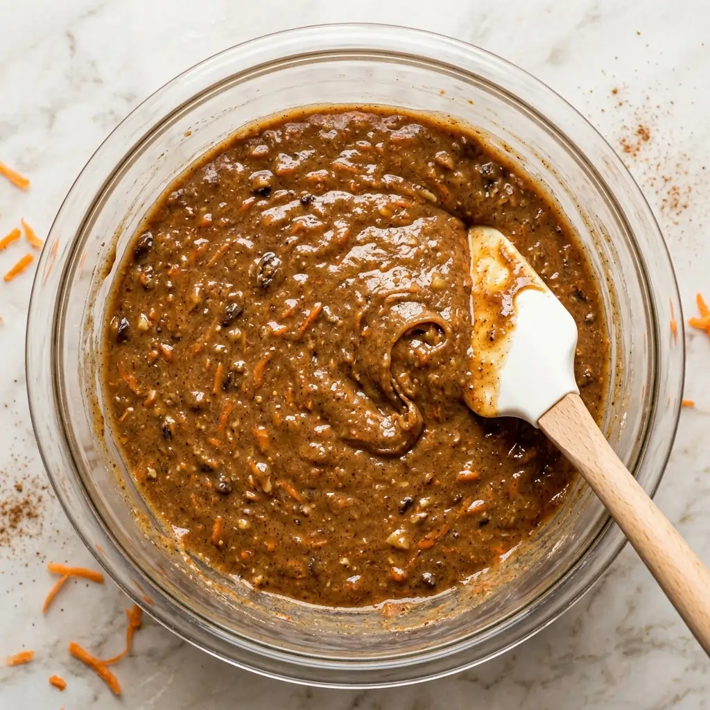 Lloyd Carrot Cake Recipe: Moist, Bakery-Style & Perfect Every Time 8 Thick glossy super moist carrot cake batter in a glass mixing bowl with a rubber spatula, showing the correct texture before baking