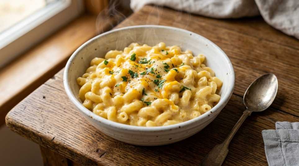 Texas Roadhouse mac and cheese recipe in a white bowl with creamy cheddar sauce