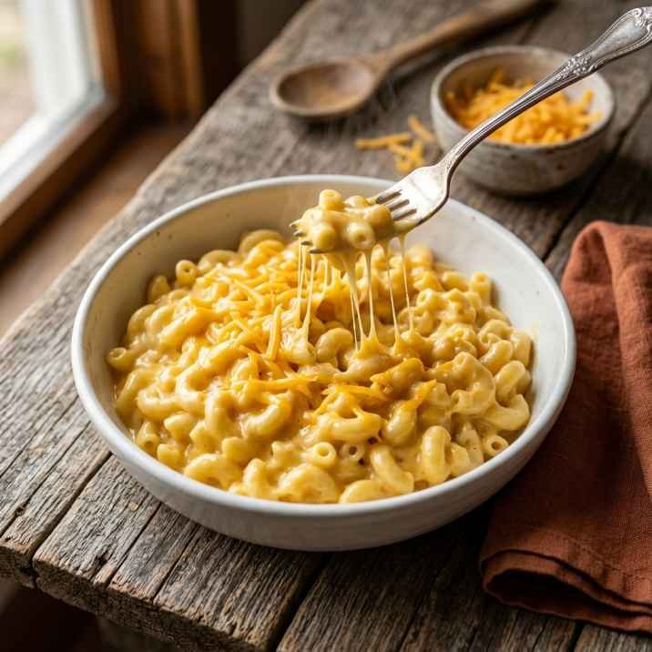 Creamy Texas Roadhouse mac and cheese recipe served in a white bowl with golden cheddar cheese sauce coating the elbow macaroni, topped with freshly shredded sharp cheddar