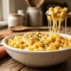 Creamy Texas Roadhouse mac and cheese recipe in a rustic white bowl with golden cheddar cheese sauce and a fork pulling melted cheese strings
