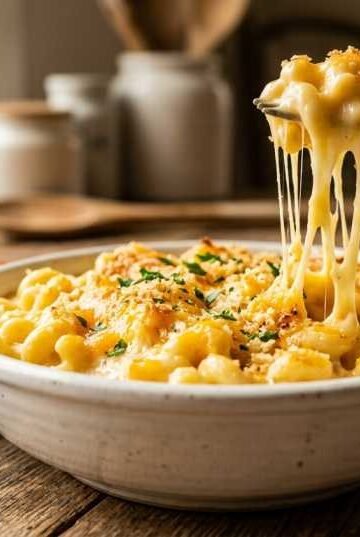 Creamy Texas Roadhouse mac and cheese recipe in a rustic white bowl with golden cheddar cheese sauce and a fork pulling melted cheese strings