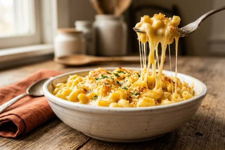 Creamy Texas Roadhouse mac and cheese recipe in a rustic white bowl with golden cheddar cheese sauce and a fork pulling melted cheese strings