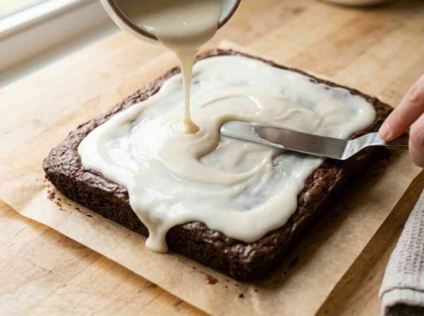Smooth white vanilla icing being spread over cooled chocolate brownies with an offset spatula
