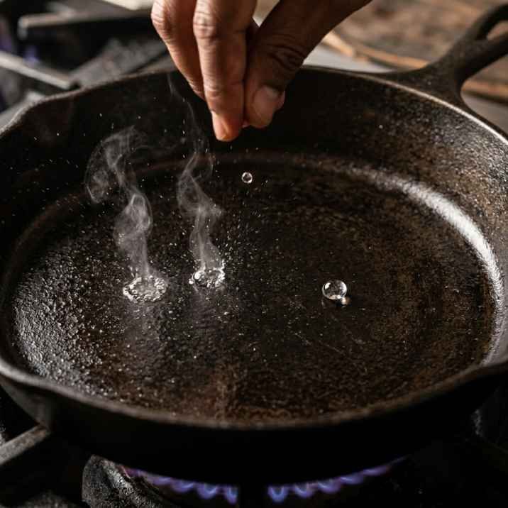 Pan Seared Chicken Thighs (Crispy Skin, Juicy Inside, One Skillet) 13 Water droplets sizzling and evaporating on a hot cast iron skillet to test if pan is ready for searing