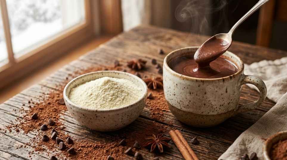 Homemade Hot Chocolate Powder (Better Than Store-Bought) 4 Powdered milk beside a creamy mug of homemade hot chocolate, showing rich velvety texture